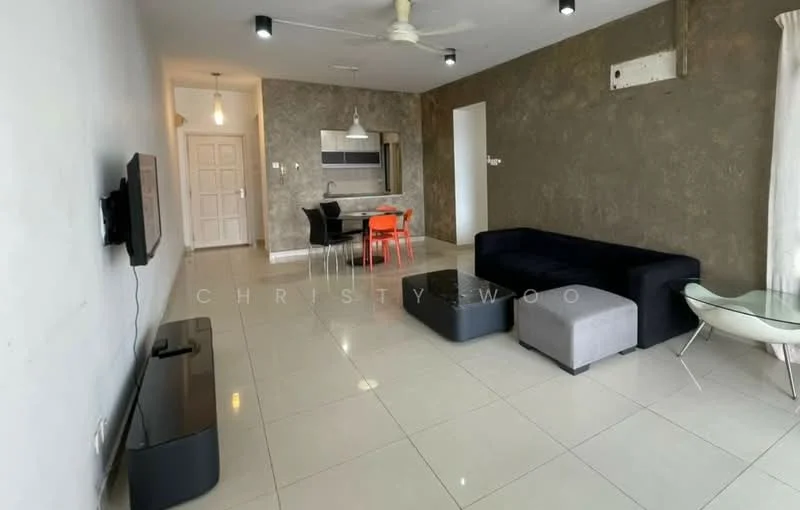 Living features: grey accent wall, white painted walls, glossy tile flooring, 5-blade ceiling fan with light, wall-mounted TV, black TV console, L-shape sectional sofa in black, 2-seater fabric sofa in grey, coffee table, dining table with 4 chairs, large window with sheer curtains; style: modern.