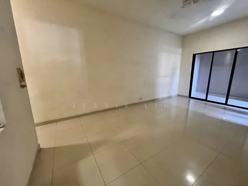 Room features: white painted walls, glossy ceramic tile flooring, large glass sliding door, natural light from windows, neutral color scheme, no visible furniture, high ceiling, minimalist decor; style: modern.