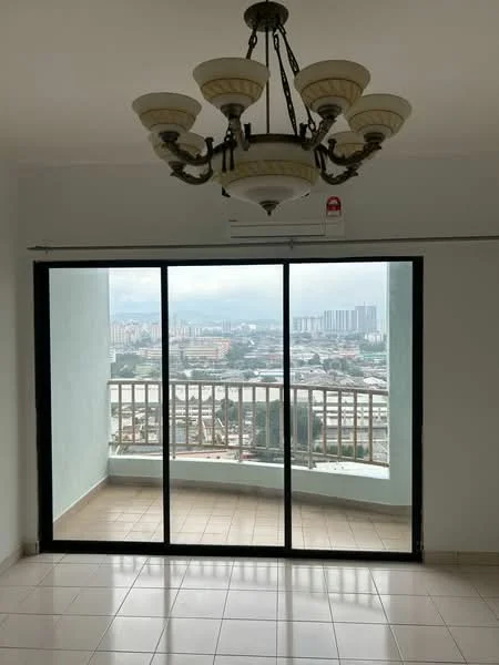 Room features: floor-to-ceiling sliding glass doors, city view, cream tiled flooring, chandelier with multiple bulbs, wall-mounted split AC; view: city.