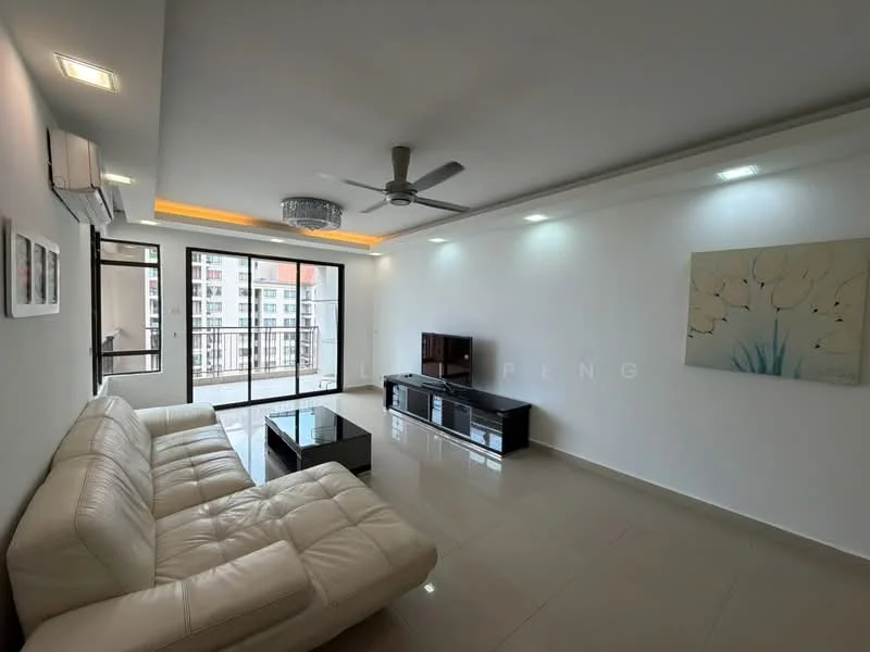Living features: white painted walls, glossy tile flooring, 5-blade ceiling fan with light, recessed LED downlights, chandelier, large sliding glass door, floor-to-ceiling windows, cream leather sectional sofa, glass coffee table, black TV console, wall-mounted TV, decorative artwork; style: modern; view: city.