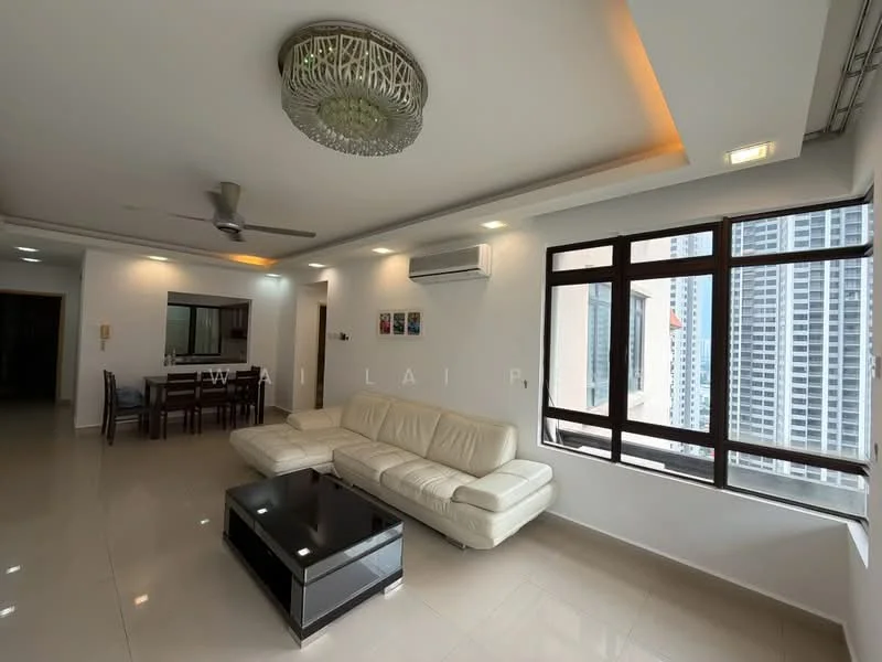 Living features: 3-seater leather sofa in white, black coffee table, ceiling fan with light, recessed downlights, floor-to-ceiling windows, white painted walls, glossy tile flooring, air conditioning unit; style: modern; view: city.