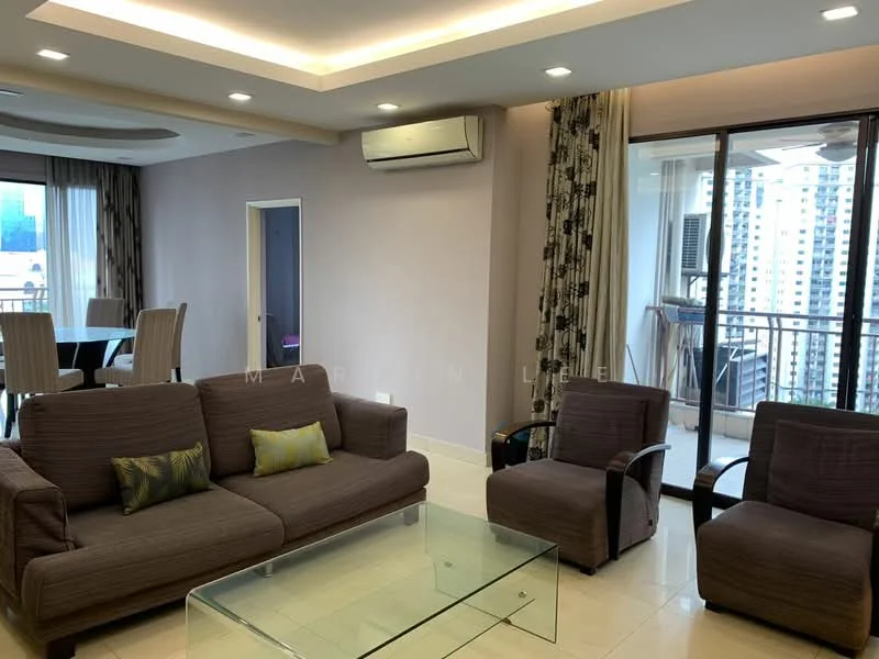 Living features: 3-seater fabric sofa in grey, 2 armchairs in brown, glass coffee table, recessed downlights, wall-mounted split AC, floor-to-ceiling windows, sheer curtains, area rug, decorative cushions, open layout to dining area; style: modern; view: city. Dining features: 6-seater dining table, upholstered dining chairs, pendant lighting above table; style: modern; view: city.