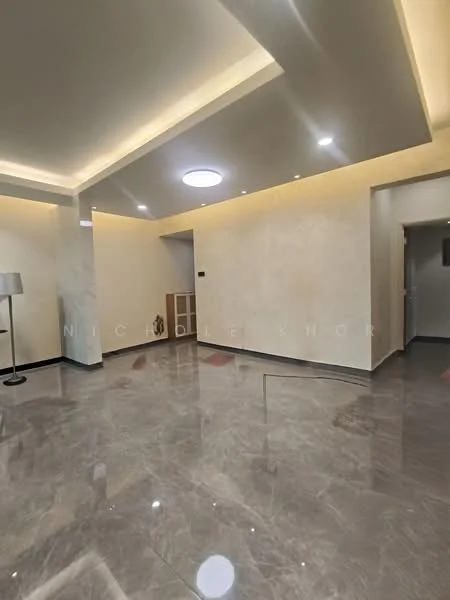Room features: marble tile flooring, cream painted walls, recessed downlights, cove lighting, large circular ceiling light, open layout, corner space for furniture, neutral color palette; style: modern.