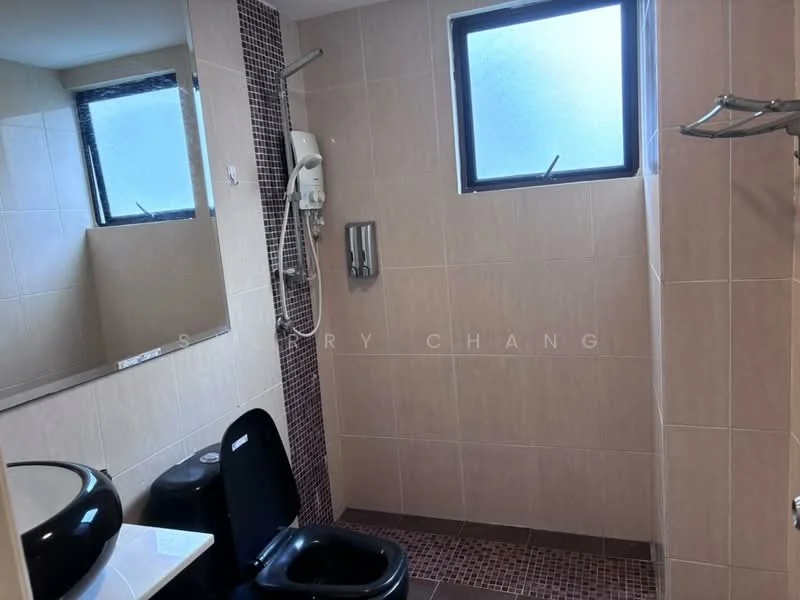 Bathroom features: cream tiled walls, dark mosaic tile accent wall, white ceramic sink, black toilet, shower with handheld showerhead, mirror above sink, window for natural light, towel rack, light fixture; style: modern.