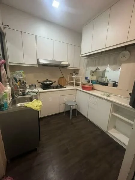Kitchen features: white cabinetry, stainless-steel sink, chrome pull-down faucet, built-in oven, freestanding gas range, exhaust hood, countertop with space for food preparation, dark wood laminate flooring, wall clock, window with sheer curtains, open shelving, small stool; style: modern.