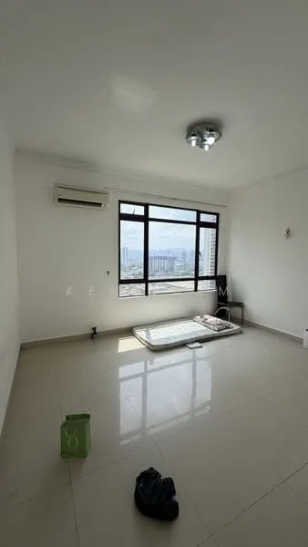 Room features: white painted walls, tile flooring, 1 wall-mounted split AC, ceiling light fixture, floor-to-ceiling windows, city view, empty space, mat on the floor, black chair, green bag on the floor, black clothing item on the floor; style: modern; view: city.