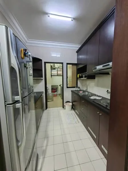 Kitchen features: stainless-steel fridge, built-in oven, 4-burner gas hob, stainless-steel range hood, laminate countertop, dark wood cabinetry, white tiled backsplash, white tiled flooring, recessed ceiling lights, single-bowl stainless-steel sink, wall-mounted microwave, open shelving, pantry area, doorway to utility area; style: modern.