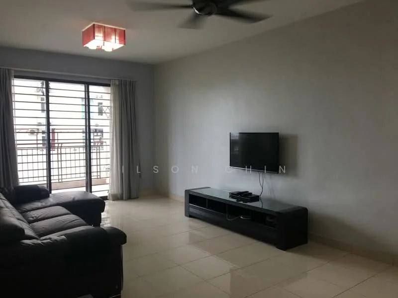 Living features: grey painted walls, glossy tile flooring, 5-blade ceiling fan with light, black leather sofa, TV console in black, wall-mounted TV, sliding glass door, sheer curtains, balcony view; style: modern; view: city.