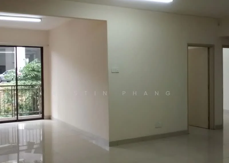 Room features: white painted walls, glossy tile flooring, large window with view of greenery, doorway leading to another room, fluorescent ceiling lights; style: modern; view: garden.