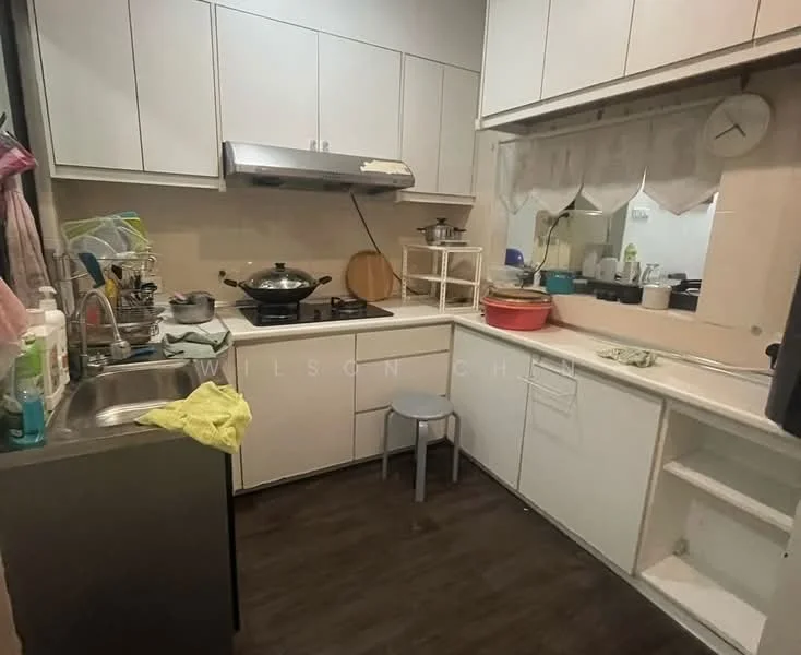 Kitchen features: stainless-steel sink, chrome pull-down faucet, white cabinetry, laminate countertop, built-in oven, freestanding range oven, exhaust hood, ceramic tile backsplash, grey vinyl plank flooring, wall-mounted clock, open shelving, kitchen utensils and cookware visible; style: modern.
