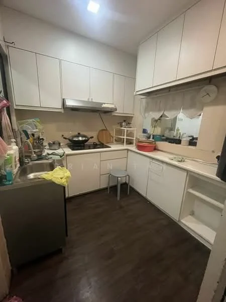 Kitchen features: white cabinetry, stainless-steel sink, chrome pull-down faucet, built-in oven, freestanding range oven, exhaust hood, countertop with storage underneath, wood laminate flooring, wall-mounted clock, window with sheer curtains, open shelving, small stool; style: modern.