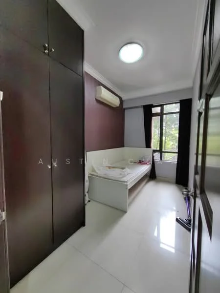 Room features: white walls, dark wood cabinetry, built-in wardrobe, window with view of greenery, white tiled flooring, ceiling light fixture, wall-mounted air conditioning unit, bench seating; style: modern; view: garden.