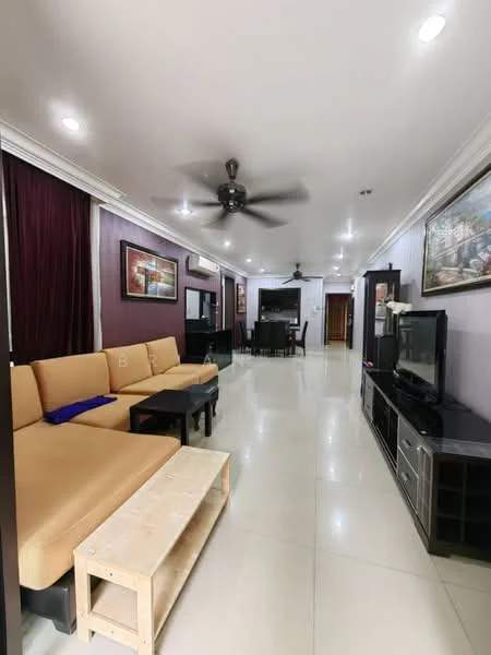 Living features: 3-seater fabric sofa in beige, wooden coffee table, TV console, wall-mounted TV, ceiling fan, recessed downlights, cream tiled flooring, dark wood cabinetry, framed artwork, curtains in dark red, open layout, decorative wall, area rug; style: modern.