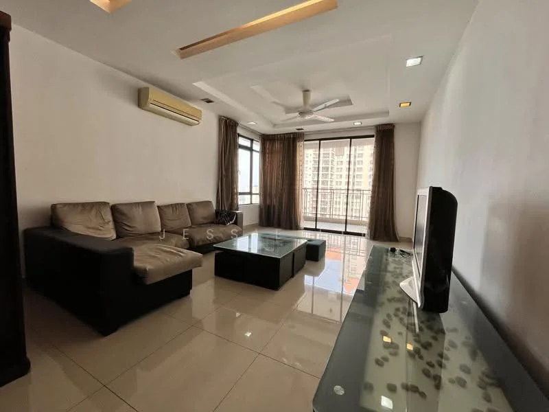 Living features: 3-seater fabric sofa in beige, 2-seater leather sofa, glass coffee table, TV console, wall-mounted TV, floor-to-ceiling windows, sheer curtains, recessed downlights, ceiling fan, cream painted walls, polished tile flooring; style: modern; view: city.