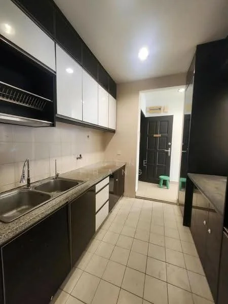 Kitchen features: double-bowl stainless-steel sink, chrome pull-down faucet, granite countertop, white upper cabinets, black lower cabinets, tile backsplash, built-in oven, ceramic tile flooring, recessed downlights, open shelving, kitchen island, wall-mounted cabinet, laundry area visible; style: modern.