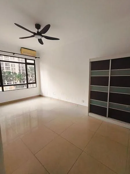 Room features: white painted walls, cream tiled flooring, 5-blade ceiling fan, floor-to-ceiling windows, sliding mirror wardrobe, air conditioning unit, natural light from windows; style: modern; view: city.
