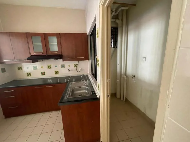 Kitchen features: brown wooden cabinetry, black granite countertop, single-bowl stainless-steel sink, chrome pull-down faucet, built-in stove with hood, tile backsplash with floral pattern, ceramic tile flooring, wall-mounted pipes, window for natural light; style: modern. Room features: cream painted walls, tile flooring, visible pipes.