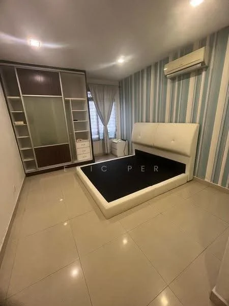 Bedroom features: queen-size bed with upholstered headboard, built-in wardrobe with glass doors, white painted walls with blue striped accent wall, tile flooring, window with sheer curtains, 1 wall-mounted split AC, ceiling light fixture; style: modern.