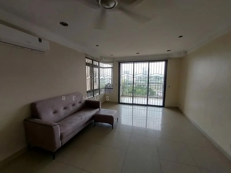 Living features: cream painted walls, glossy tile flooring, 5-blade ceiling fan with light, floor-to-ceiling windows, sliding glass door, curtains, sofa in light beige, ottoman, air conditioning unit; style: modern; view: city.
