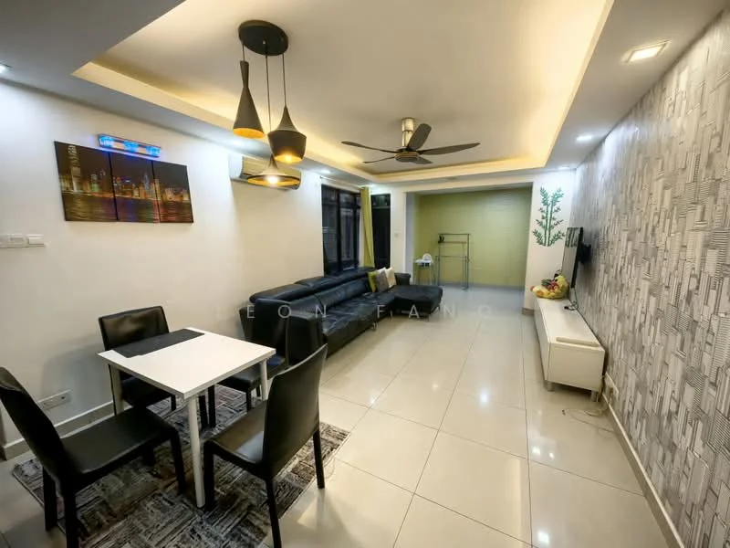Living features: grey leather sectional sofa, white coffee table, black dining chairs, 6-seater dining table, wall-mounted TV, white TV console, decorative wall with geometric pattern, recessed ceiling lights, 5-blade ceiling fan with light, large windows with sheer curtains, tile flooring, decorative artwork, area rug with geometric pattern; style: modern.