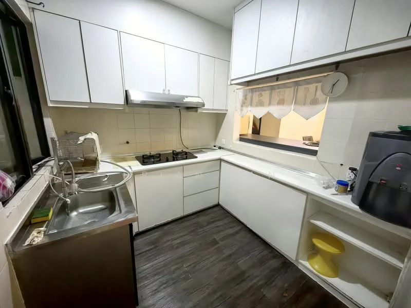 Kitchen features: white cabinetry, stainless-steel sink, chrome pull-down faucet, built-in gas hob, stainless-steel range hood, white tiled backsplash, countertop with integrated sink, open shelving, dark wood laminate flooring, window with curtain, clock on wall, yellow stool; style: modern.