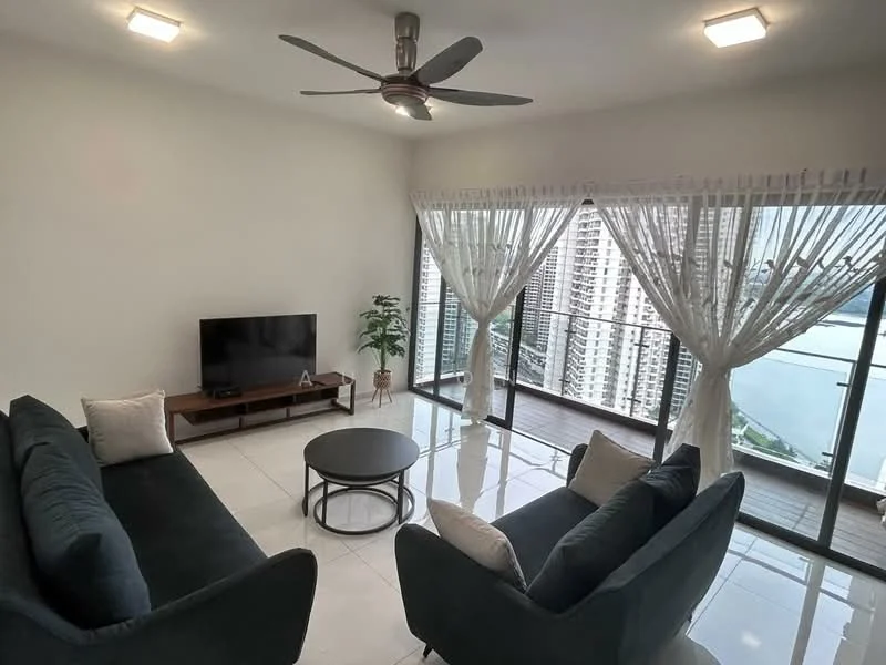 Living features: 3-seater fabric sofa in dark blue, 2-seater fabric sofa in dark blue, round coffee table, wall-mounted TV, floor-to-ceiling windows, sheer curtains, recessed LED downlights, 5-blade ceiling fan with light, white painted walls, glossy tile flooring, indoor plant in ceramic pot; style: modern; view: city.