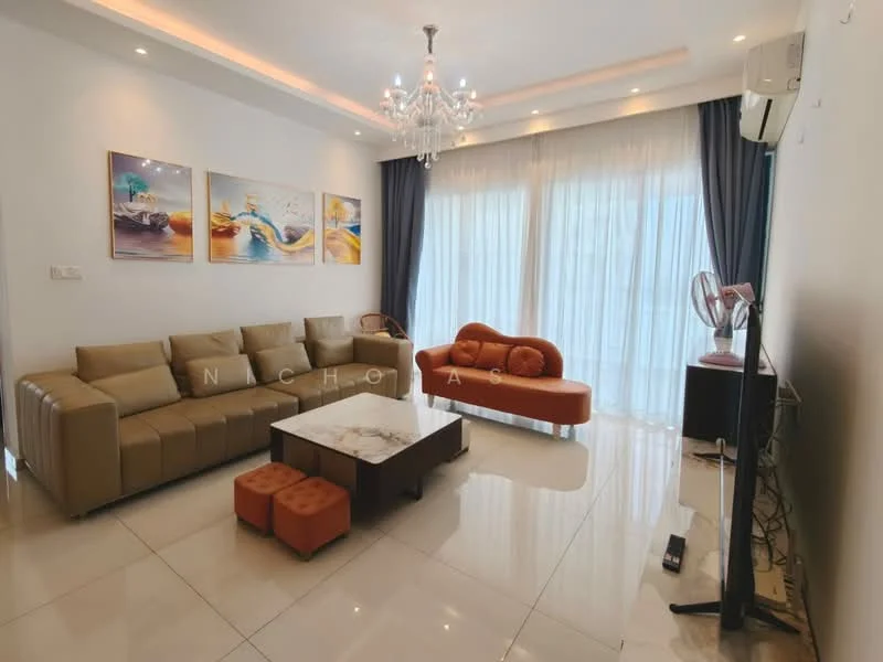 Living features: 3-seater leather sofa in beige, 2-seater sofa in orange, marble coffee table, flat-screen TV on console, floor-to-ceiling windows with sheer curtains, recessed ceiling lights, chandelier, wall-mounted air conditioning unit, decorative wall art, tile flooring, dark blue curtains; style: modern.