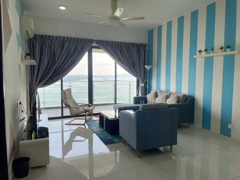 Living features: blue and white striped accent wall, white painted walls, glossy tile flooring, 5-blade ceiling fan with light, floor-to-ceiling sliding glass door, city skyline view, light grey fabric sofa, 2-seater sofa, coffee table, area rug with geometric pattern, decorative shelf with small plants, armchair, curtains, wall-mounted lamp; style: modern; view: city.