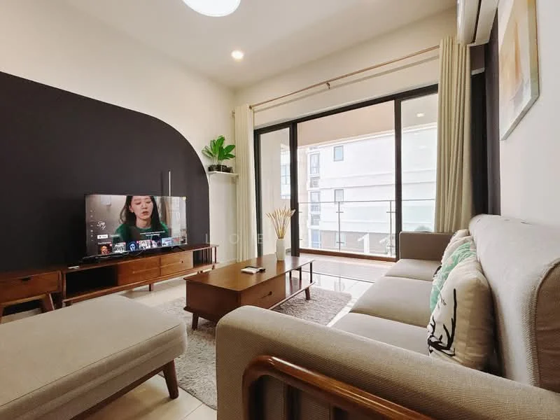 Living features: light grey fabric sofa, wooden coffee table, TV console, wall-mounted TV, area rug with neutral color, floor-to-ceiling windows, sliding glass door, curtains, decorative plant, wall art, accent wall in dark color, recessed ceiling light; style: modern; view: garden.