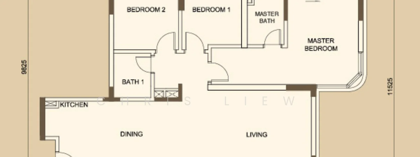 Floor plan: 3-bedroom 2-bathroom unit; features: open-plan kitchen-dining-living, master bedroom with ensuite bathroom, bedroom 2 with shared bathroom, utility room, central foyer.