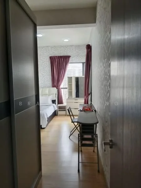 Bedroom features: queen-size bed with upholstered headboard, white bedding, wooden flooring, light grey wallpaper with pattern, floor-to-ceiling window, sheer curtains in burgundy, built-in wardrobe, study desk with folding chair, recessed downlights, decorative wall mirror; style: modern.