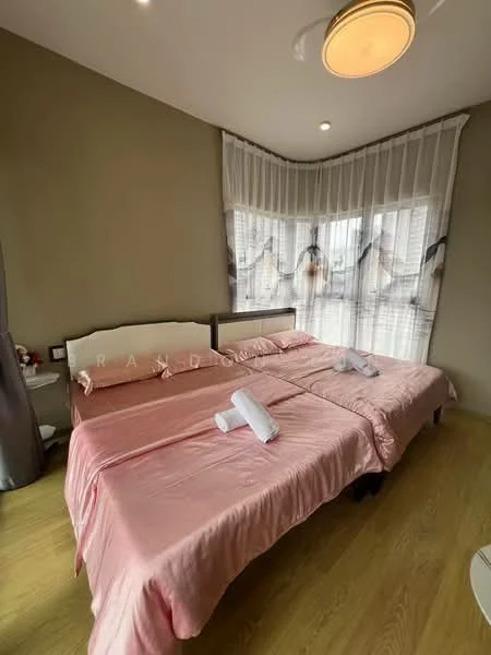 Bedroom features: king-size bed with pink bedding, two white towels rolled on the bed, wooden flooring, curtains with sheer and blackout layers, ceiling light fixture, wall-mounted bedside table, decorative wall with neutral paint, large window with natural light; style: modern.