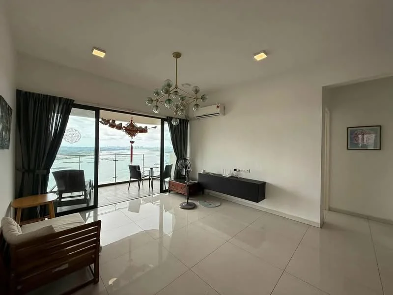 Living features: white painted walls, glossy ceramic tile flooring, 5-blade ceiling fan with light, floor-to-ceiling windows, sliding glass door, black TV console, wooden bench, curtains, decorative wall art, air conditioning unit; style: modern; view: sea.