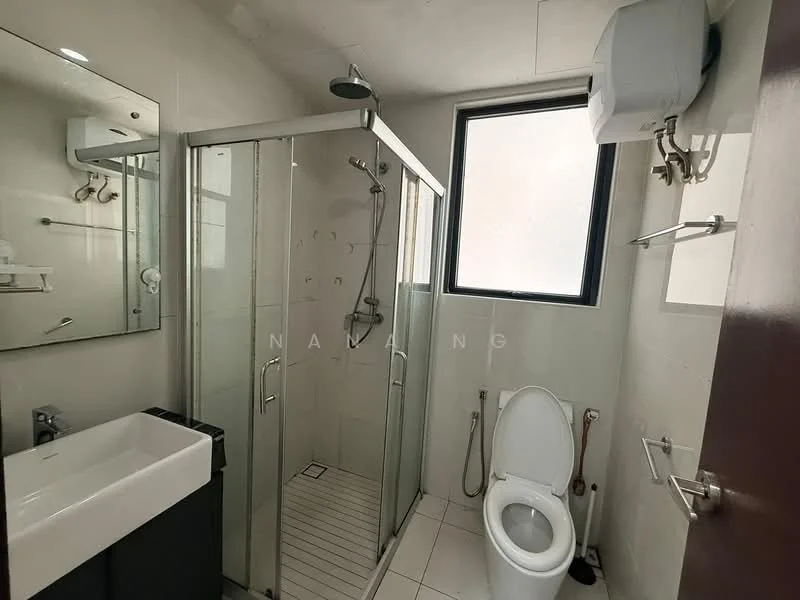 Bathroom features: glass shower enclosure, rain shower head, handheld shower, white ceramic toilet, single-sink vanity with black cabinet, mirror above sink, wall-mounted water heater, white tiled walls, white tiled flooring; style: modern.