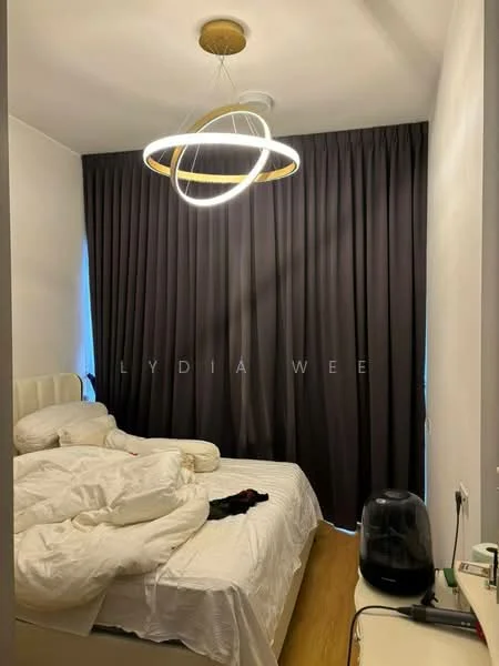 Bedroom features: queen-size bed with white bedding, upholstered headboard, dark grey curtains, wooden flooring, modern circular pendant light, nightstand, table lamp, air purifier, wall-mounted power outlet; style: modern.