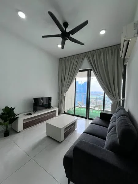 Living features: 3-seater fabric sofa in grey, coffee table, TV console, wall-mounted TV, floor-to-ceiling windows, sliding glass door, sheer curtains, recessed LED downlights, 5-blade ceiling fan, white painted walls, polished tile flooring, indoor plant; style: modern; view: city.