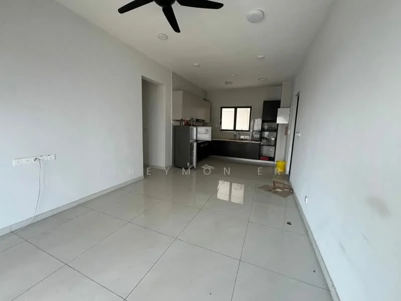 Living features: white painted walls, polished ceramic tile flooring, 5-blade ceiling fan, recessed downlights, large window, open layout to kitchen, kitchen cabinetry, stainless-steel fridge, stainless-steel sink, countertop, visible plumbing, empty space for dining area, neutral color scheme; style: modern.