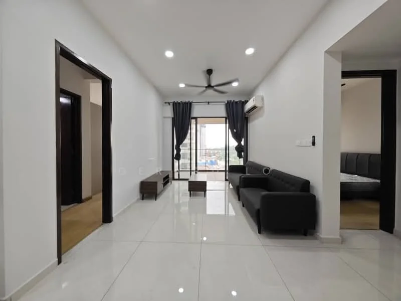 Living features: white painted walls, polished ceramic tile flooring, 5-blade ceiling fan with light, sliding glass door, floor-to-ceiling windows, black leather sofa, wooden coffee table, black curtains, air conditioning unit, decorative wall panel; style: modern; view: city.