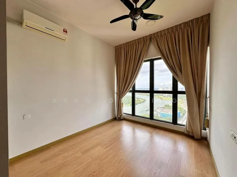 Bedroom features: laminate flooring, white painted walls, 5-blade ceiling fan, floor-to-ceiling windows, curtains, wall-mounted split AC, city view; style: modern; view: city.