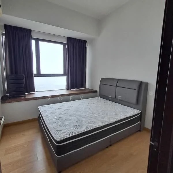 Bedroom features: queen-size bed, upholstered headboard, floor-to-ceiling window, blackout curtains, wooden flooring, built-in wardrobe, wall-mounted air conditioning unit, window seat with view; style: modern; view: city.