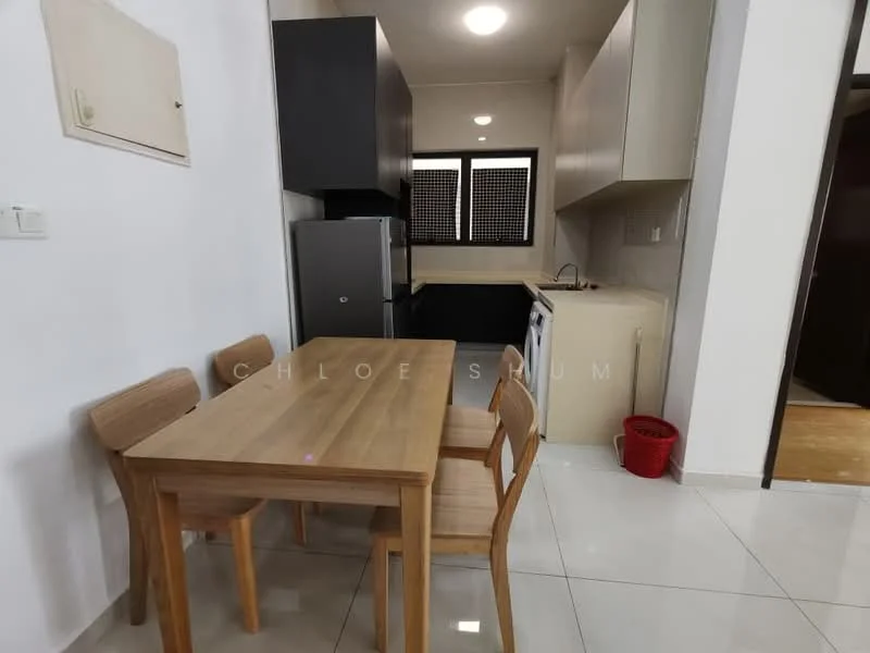 Kitchen features: white painted walls, ceramic tile flooring, refrigerator, built-in oven, freestanding range oven, single-bowl stainless-steel sink, chrome pull-down faucet, laminate countertop, kitchen cabinetry in light color, dining table with four wooden chairs, window with grid pattern, light fixture in ceiling; style: modern.