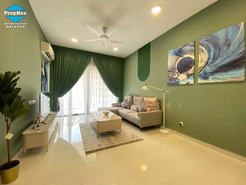 Living features: green painted walls, white ceiling, 5-blade ceiling fan with light, floor-to-ceiling windows, sheer curtains, grey fabric sofa, decorative throw pillows, coffee table, wall-mounted TV, abstract artwork on walls, polished tile flooring; style: modern; view: city.