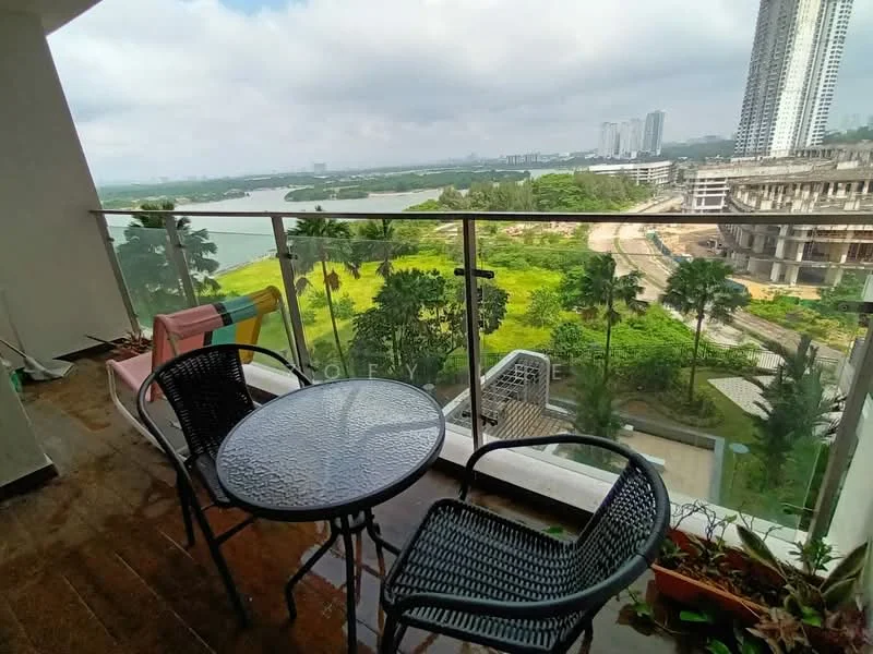 Balcony features: glass railing, outdoor dining table with glass top, two black wicker chairs, greenery view, city skyline view, potted plants, tiled flooring, overhead cover; style: modern; view: city.