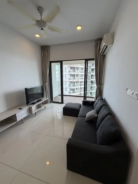 Living features: 3-seater fabric sofa in black, coffee table, wall-mounted TV, TV console, floor-to-ceiling windows, sliding glass door, curtains, ceiling fan, recessed downlights, white painted walls, glossy tile flooring, air conditioning unit; style: modern; view: city.