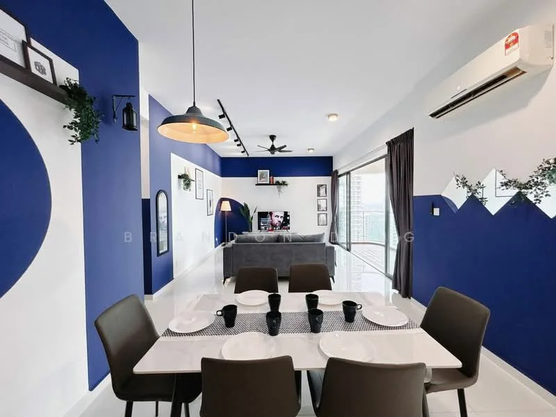 Dining features: white dining table, 6 upholstered dining chairs in grey, blue painted walls, white ceiling, recessed downlights, pendant light fixture, floor-to-ceiling windows, curtains, air conditioning unit, decorative wall art, black and white framed photos, greenery decor; style: modern; view: city.