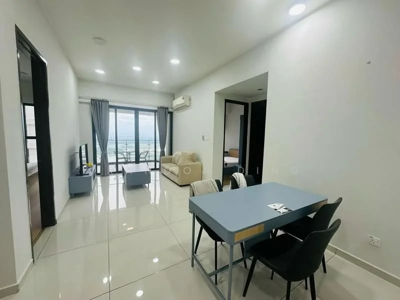 Living features: white painted walls, glossy tile flooring, sofa in beige, coffee table, TV console, wall-mounted TV, floor-to-ceiling windows, curtains, recessed LED downlights, air conditioning unit; style: modern; view: city. Dining features: dining table in light blue, 4 black dining chairs, open layout, natural light from windows; style: modern; view: city.