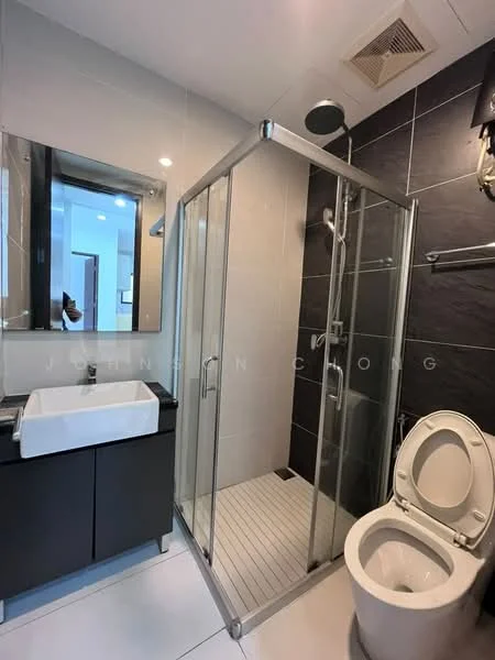 Bathroom features: single-sink vanity with black cabinet, white rectangular sink, chrome basin mixer faucet, framed mirror, walk-in shower with glass enclosure, rain shower head, handheld shower, white toilet, tile cladding on walls, white tiled flooring, ventilation fan, chrome towel rail; style: modern.