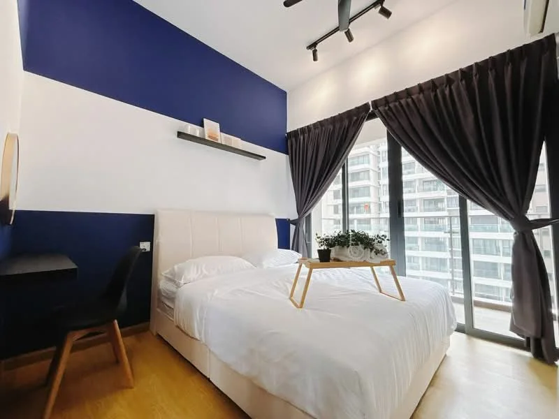 Bedroom features: king-size bed with upholstered headboard, white bedding, dark blue accent wall, white painted walls, floor-to-ceiling windows, blackout curtains, wooden flooring, small desk with chair, shelf above bed, potted plants on shelf, ceiling fan; style: modern; view: city.