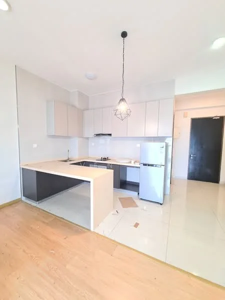 Kitchen features: light grey cabinetry, white countertop, stainless-steel sink, chrome pull-down faucet, built-in gas hob, built-in oven, stainless-steel fridge, pendant light fixture, tile flooring, open layout, wall-mounted cabinets, exposed light bulb, neutral wall colour, window for natural light; style: modern.