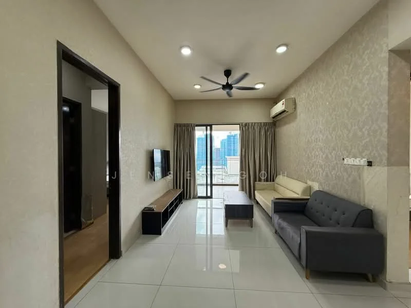 Living features: white painted walls, light grey accent wall, polished tile flooring, 5-blade ceiling fan with light, recessed LED downlights, sofa in cream color, 2-seater grey fabric sofa, wooden coffee table, wall-mounted TV, floor-to-ceiling sliding glass door, curtains, air conditioning unit; style: modern; view: city.